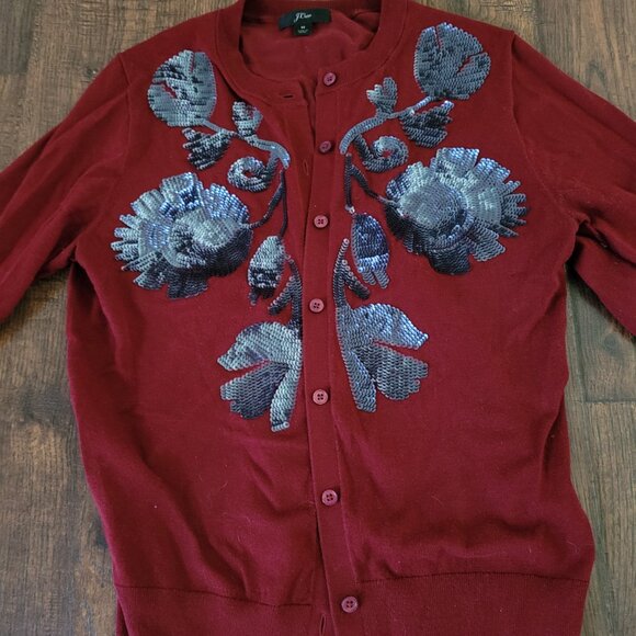 J. CREW Jackie Sequined Cardigan M Medium EUC Navy Blue Burgundy Red Floral - Picture 2 of 3